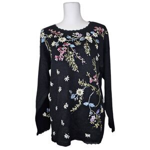 1999 VNT Heirloom Collectibles Black Embroidered & Beaded Floral Sweater Size M